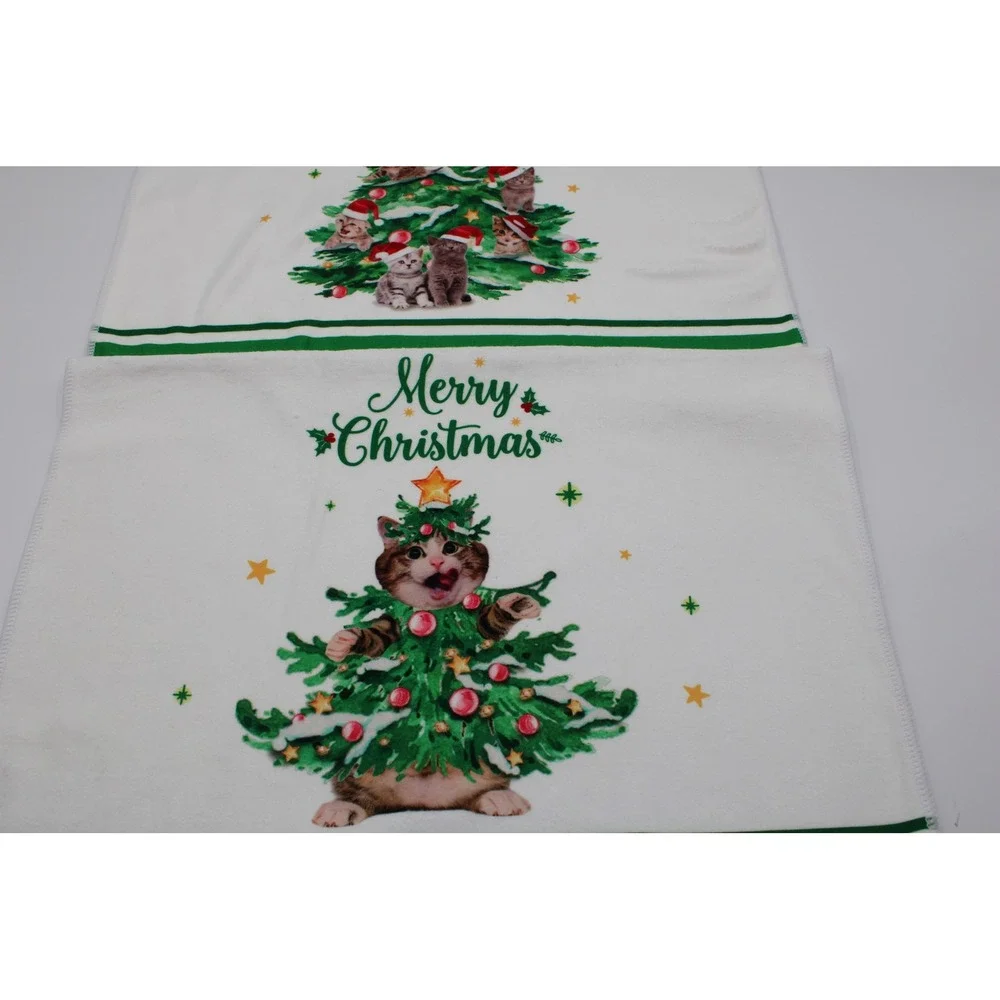 Unbranded Christmas Kitchen Towels White Green Cat Kitten Tree Holiday Set 2